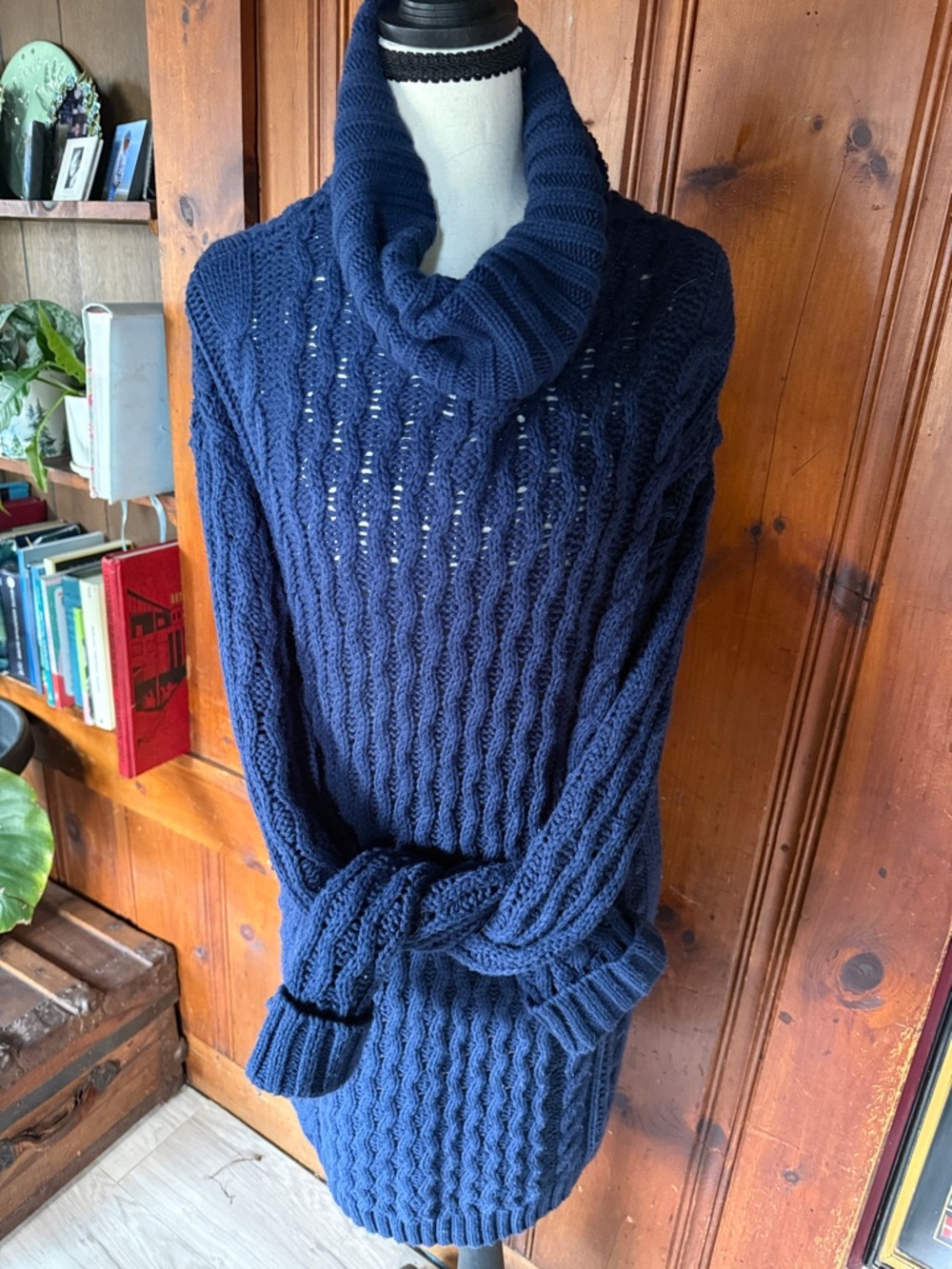 Anthropologie Navy Cable Knit Cowl Sweater Dress